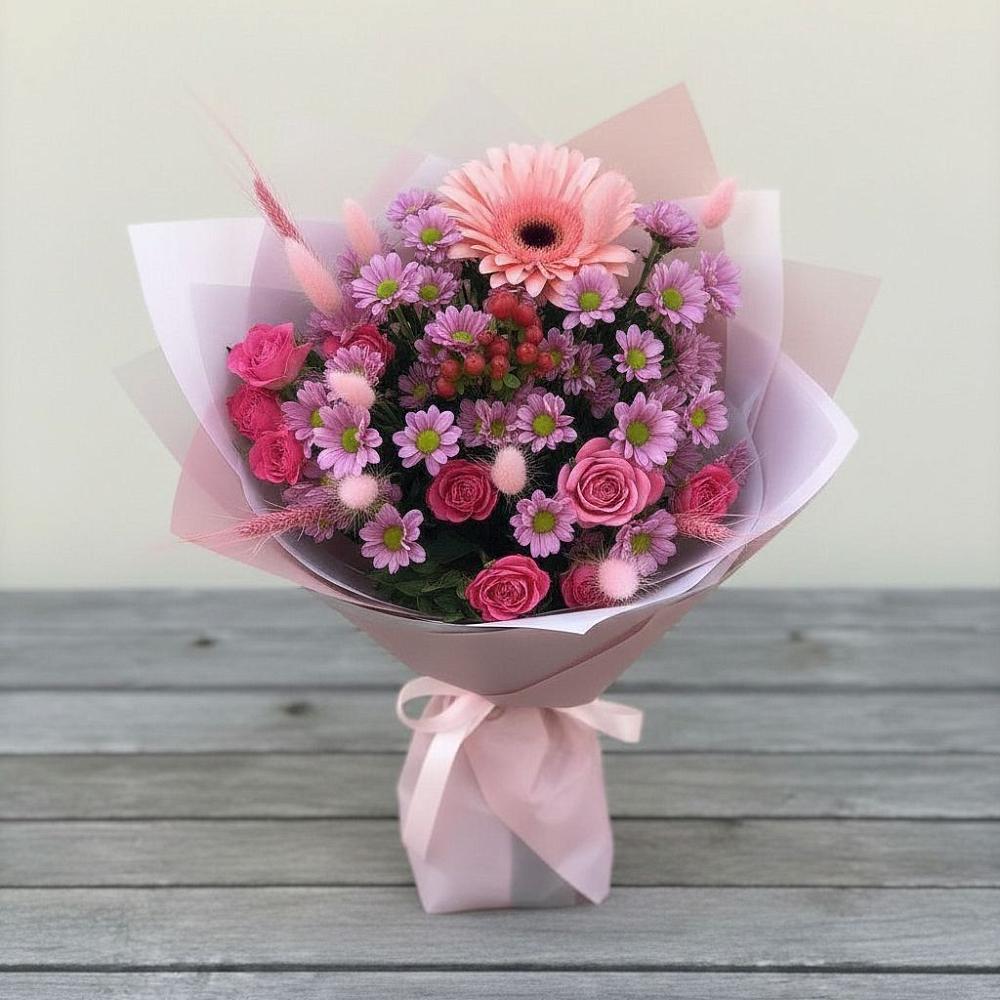 Букет цветов из: Розы, Герберы и Хризантемы в Выкса