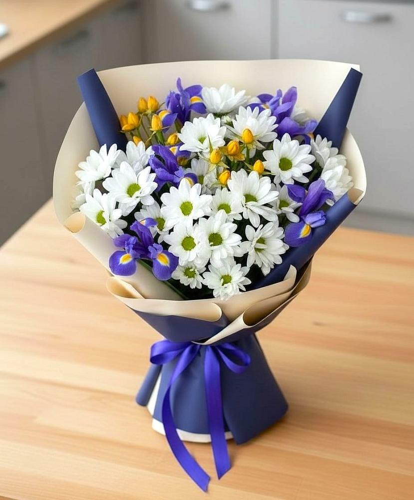 Букет цветов из: Розы, Ирисы и Хризантемы в Выкса